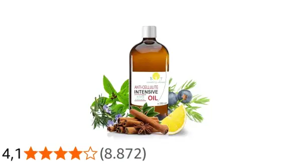 Olio essenziale anticellulite con ingredienti naturali come cannella, bacche di ginepro e limone.