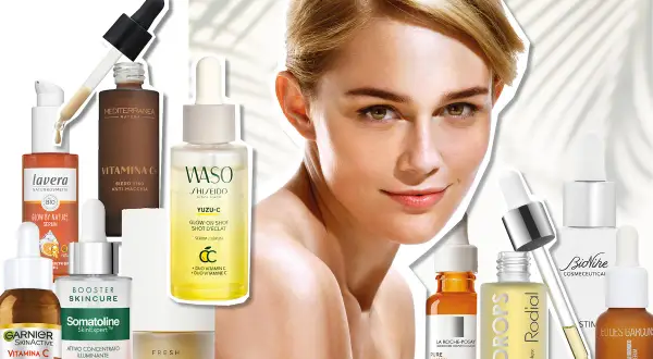 Sieri alla vitamina C: scopri quando usarli per una pelle luminosa e uniforme. Vari brand in primo piano.