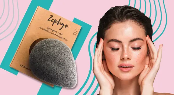 Spugna konjac al carbone di bambù Zephyr, ideale per una pelle radiosa.