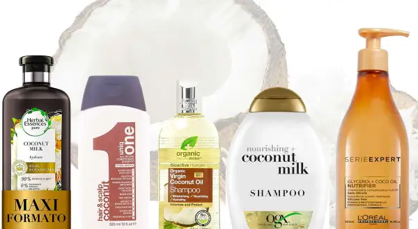 Vari shampoo al cocco, evidenziando i benefici idratanti e nutrienti per i capelli.