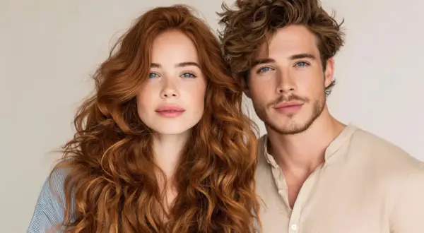 Coppia con capelli mossi: lei con lunghi capelli rossi e lentiggini, lui con capelli castani e barba leggera.
