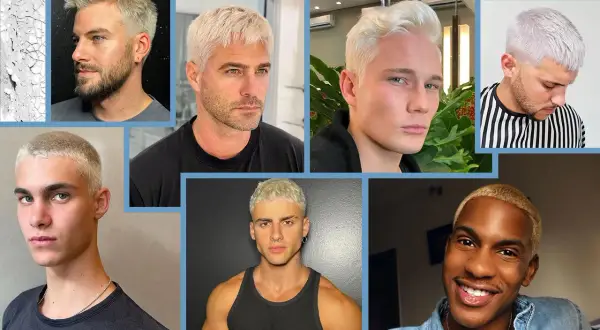 Uomini con capelli platino, tagli corti e look audaci.