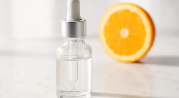 Siero con vitamina C per combattere le macchie della pelle, accanto a una fetta d'arancia.