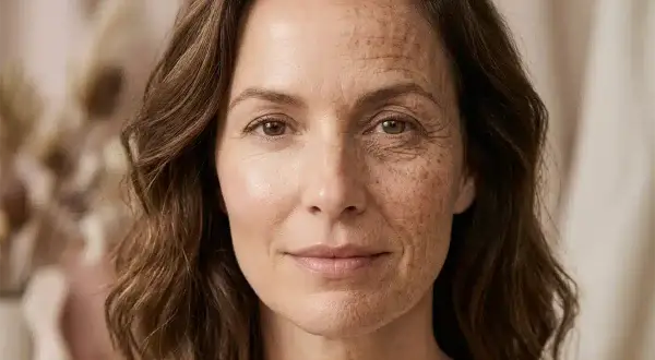 Il volto di una donna mostra gli effetti del sole e del tempo, con rughe e macchie solari su un lato, e pelle liscia sull'altro.