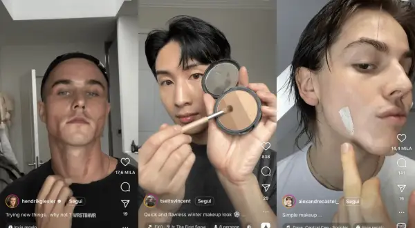 Uomo applica correttore per come coprire i brufoli. Altri due uomini mostrano prodotti per il trucco.