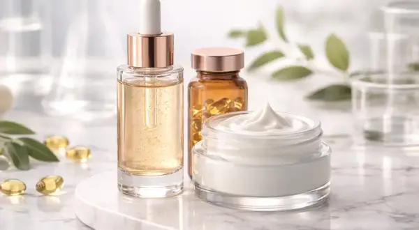 Flacone di siero, capsule e crema viso su marmo. Scopri dmae cos'è e come può migliorare la tua pelle.