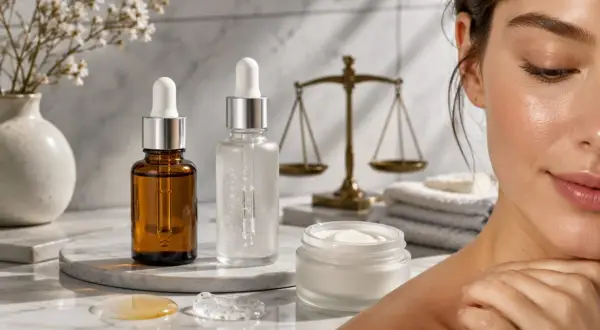 Sieri e creme per la pelle, con bilancia d'epoca. L'acido salicilico a cosa serve? Per una pelle equilibrata e luminosa.