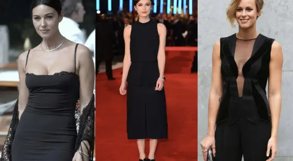 Tre donne in abiti neri eleganti, ognuna con una **body shape** diversa, su sfondi differenti.