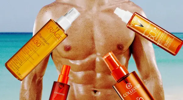 Olio abbronzante fa male? Quattro flaconi di spray solare (Uriage, Vichy, Lancaster, Collistar) circondano un torso maschile muscoloso.