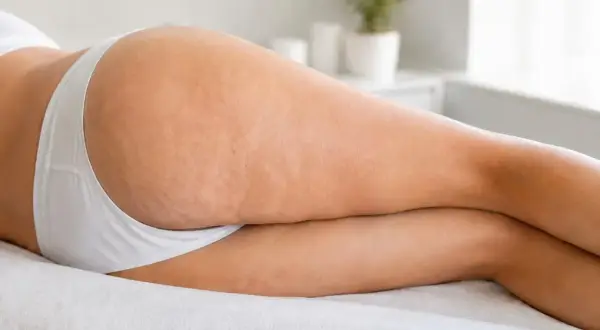 Gambe e glutei con evidente cellulite grave, visibile sotto la luce soffusa.
