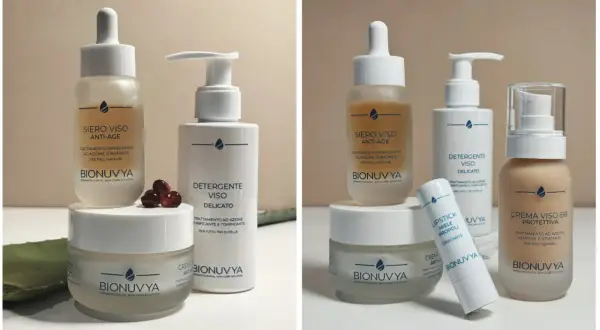Kit beauty routine Bionuvya: siero anti-age, detergente viso delicato, crema viso BB protettiva e altri prodotti per una pelle radiosa.