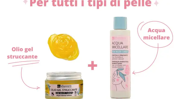 La doppia detersione perfetta: olio gel struccante e acqua micellare per tutti i tipi di pelle.