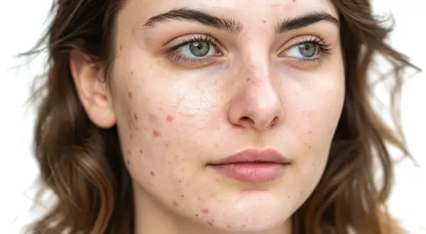 Primo piano del viso di una giovane donna con evidenti imperfezioni cutanee, che illustra le cause dell'acne in età adulta.
