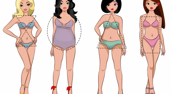 Quattro silhouette femminili con forme del corpo diverse, che illustrano il concetto di fisico ginoide prima e dopo.