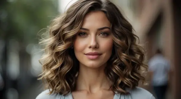 Donna con splendidi capelli scalati mossi naturali, che incorniciano un viso sorridente.