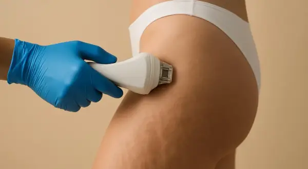 Trattamento estetico per la cellulite. Un dispositivo viene passato sulla pelle, forse per migliorare l'aspetto della pelle e combattere la cellulite, con un possibile riferimento alla caffeina come ingrediente.