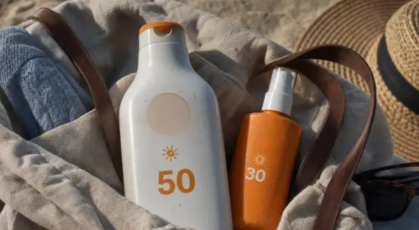 Borsa da spiaggia con crema solare SPF 50 e 30, cappello di paglia e occhiali da sole. La crema solare 50 protegge a lungo.