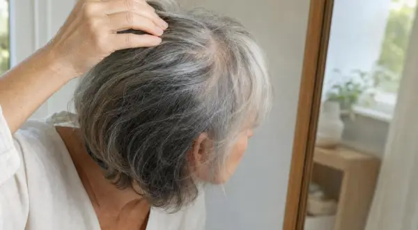 Donna anziana si tocca i capelli grigi, preoccupata per il diradamento. Riflessione nello specchio.