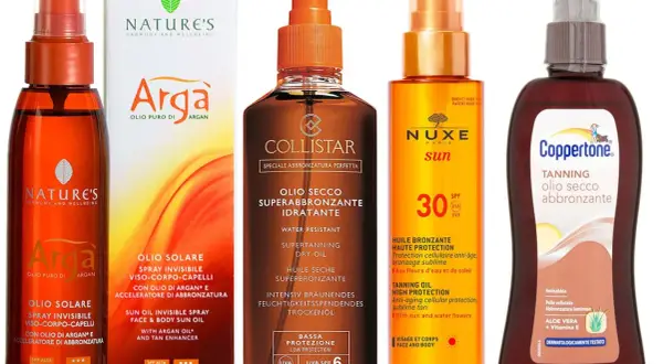 Vari oli abbronzanti, tra cui Nature's, Collistar, Nuxe e Coppertone, mostrano come funziona l'olio abbronzante per una pelle dorata e protetta.