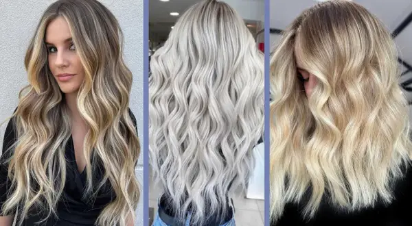 Tre acconciature con capelli beach waves: biondo cenere, biondo miele e castano con riflessi dorati.