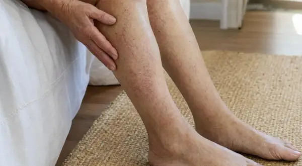 Pelle delle gambe invecchiata con capillari visibili. Una mano accarezza delicatamente la parte superiore della gamba, mostrando i segni del tempo.