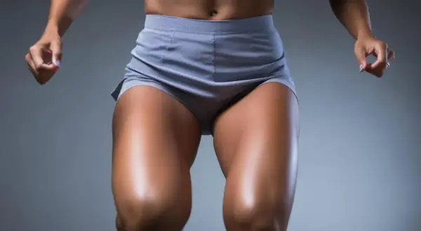Gambe toniche e muscolose, non **gambe flaccide**, in movimento. Addominali scolpiti e un top sportivo completano l'outfit.