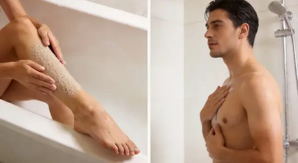 Donna applica scrub corpo in vasca, uomo sotto la doccia. Preparazione per la depilazione.