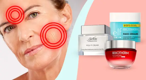 Viso con segni d'età e cerchi rossi, affiancato da creme viso, tra cui una con peptidi.