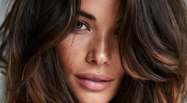 Primo piano di una donna con capelli castani e colpi di sole luminosi, lentiggini sul naso e occhi penetranti.