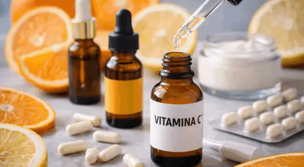 Siero vitamina c siero a cosa serve? Flaconi ambrati, agrumi, capsule e crema viso suggeriscono benefici per la pelle e il benessere.