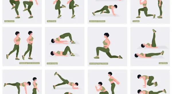 Esercizi per un sedere sodo: High Knees, Butt Kicks, Mountain Climbers, Lunges, Glute Bridge, Donkey Kicks e altri.