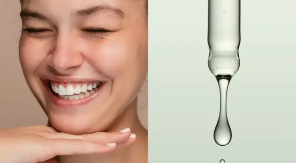 Un sorriso radioso e una goccia di siero con niacinamide e acido ialuronico insieme, per una pelle luminosa e idratata.