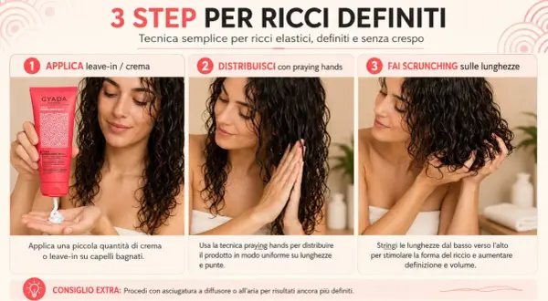 Donna mostra come definire i suoi **capelli ricci** con una crema leave-in, applicandola e poi facendo scrunching.