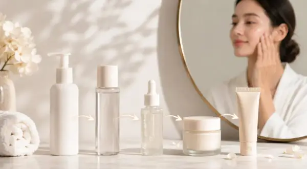 I prodotti per la cura della pelle mostrati seguono i passaggi per una routine perfetta. Una donna si guarda allo specchio, applicando la crema.