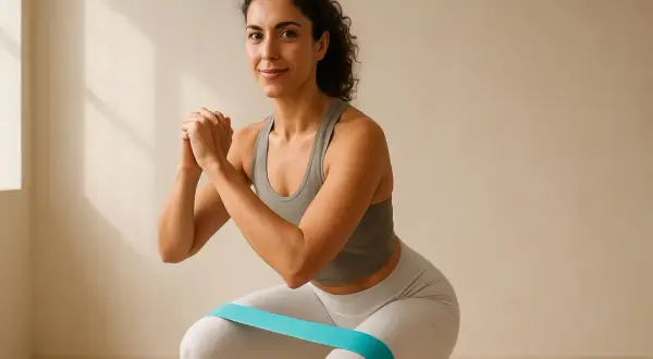 Donna fa squat con elastico blu. L'allenamento tonifica e aiuta a combattere la cellulite, dimostrando che le creme anticellulite funzionano meglio con l'esercizio.