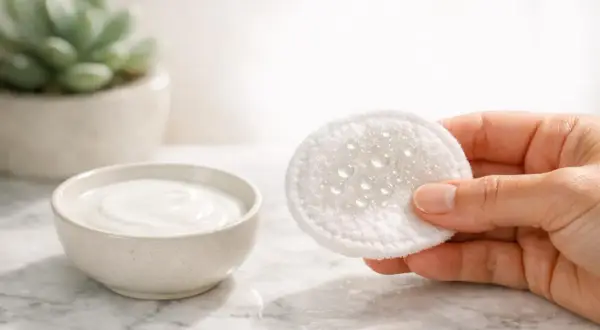Un dischetto di cotone bagnato, pronto per rimuovere il trucco con latte detergente o acqua micellare, accanto a una ciotola di crema bianca.