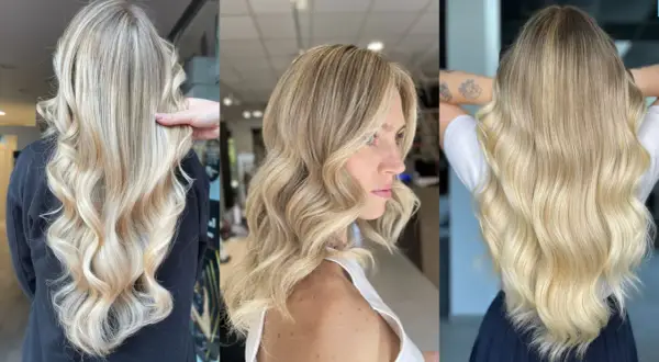 Tre donne con capelli biondi ondulati, che mostrano una cartella colori capelli freddi con sfumature naturali e luminose.