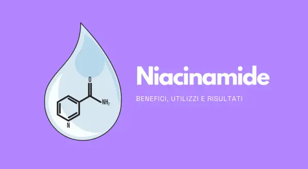 Goccia con formula chimica della niacinamide. Nonostante i benefici, alcuni si chiedono se la niacinamide fa venire brufoli.
