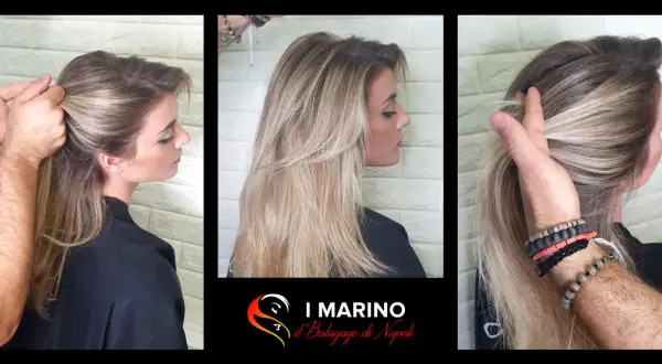 Capelli biondi sfumati balayage, un look naturale e luminoso. Le ciocche bionde creano un effetto solare.