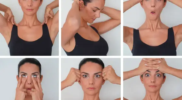Donna esegue esercizi di yoga facciale, mostrando diverse espressioni e movimenti per tonificare il viso.