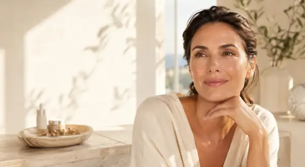 Donna sorridente con pelle luminosa, accanto a prodotti skincare con acido glicolico e retinolo.
