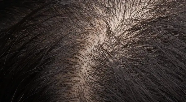 Primo piano del cuoio capelluto con capelli scuri e radi, che sembrano ruvidi al tatto.