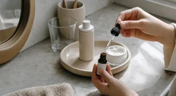 Mani che aggiungono gocce di siero al retinolo a una crema, per una skincare routine efficace.