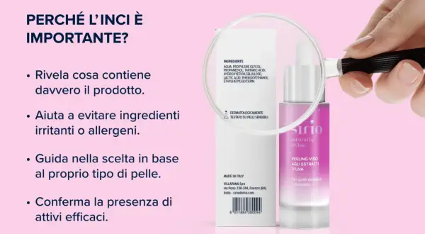 Lente d'ingrandimento su ingredienti creme viso: acqua, glicole propilenico, acido tartarico, lattico. Aiuta a scegliere prodotti sicuri.