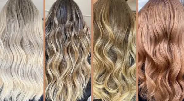 Quattro acconciature con diverse tonalità di colore biondo, dal platino al rame rosato, con onde morbide.