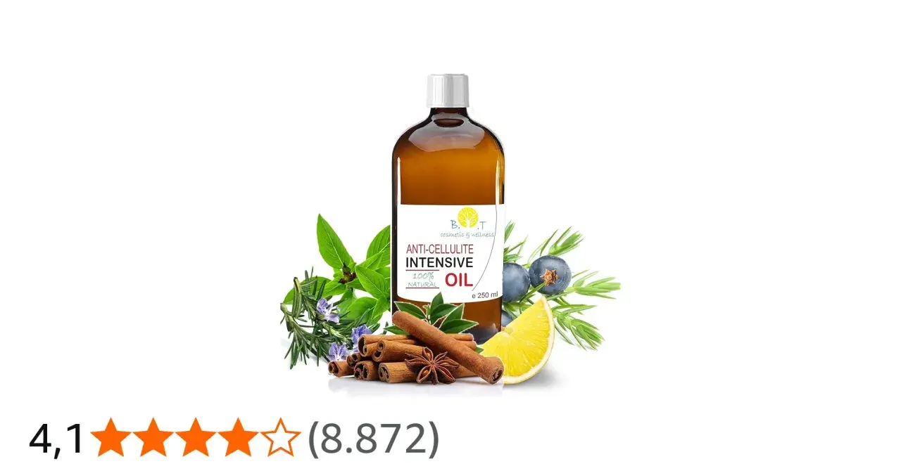 Olio essenziale anticellulite con ingredienti naturali come cannella, bacche di ginepro e limone.