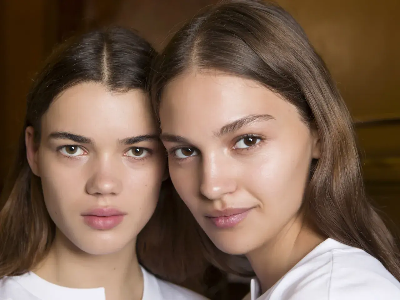 Close-up of two young women with brown hair and natural makeup.