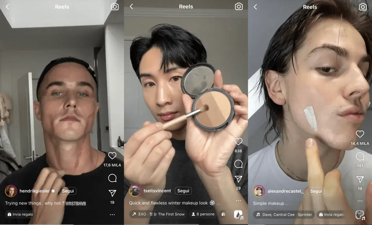 Uomo applica correttore per come coprire i brufoli. Altri due uomini mostrano prodotti per il trucco.