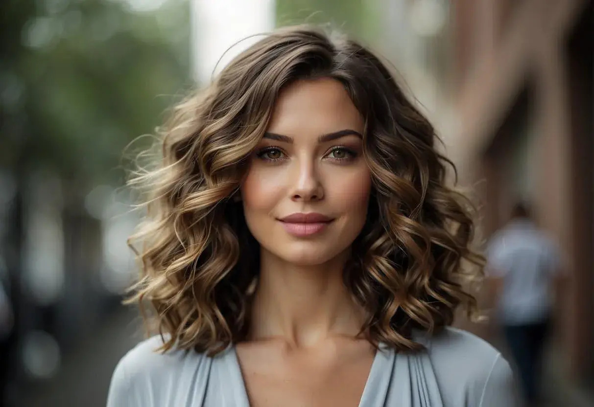 Donna con splendidi capelli scalati mossi naturali, che incorniciano un viso sorridente.