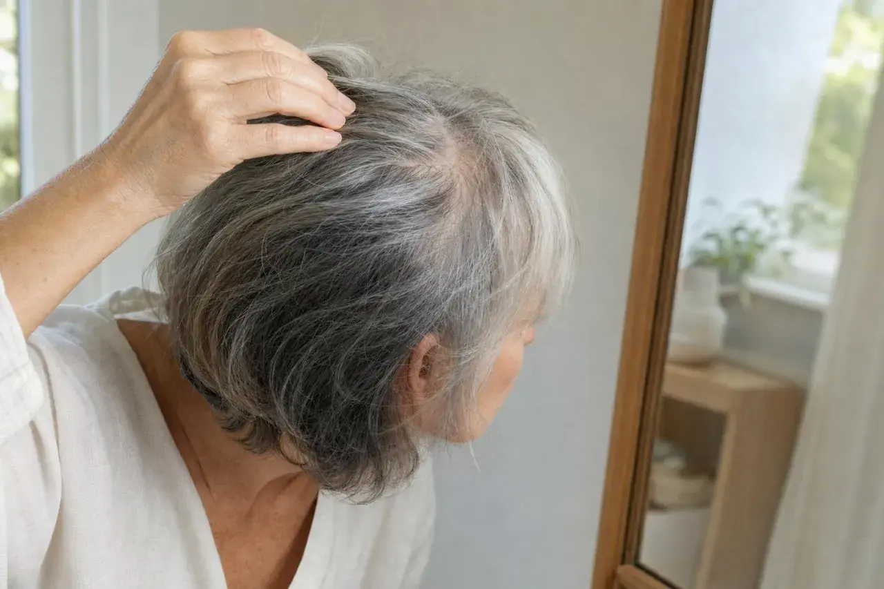 Donna anziana si tocca i capelli grigi, preoccupata per il diradamento. Riflessione nello specchio.
